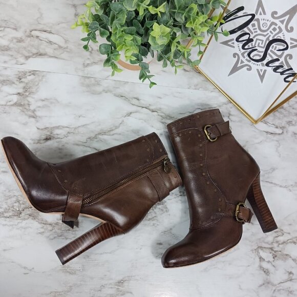 Leon Max Leather Bootie Stacked Heel Dark Brown women's size 7.5 - Picture 3 of 10